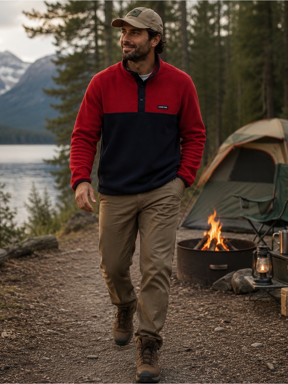 Lands’ End Fleece Snap Pullover Jacket Red Navy Men’s Large 42-44